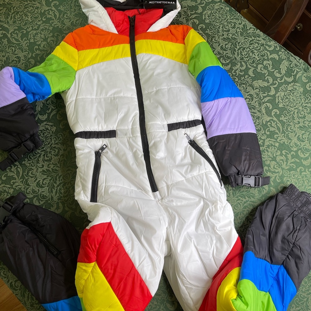 NWT XS Dolls kill Delias Sweet Retreat rainbow pride snow suit bibs puffer coat - Picture 1 of 11
